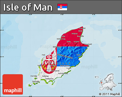 Flag Map of Isle of Man, physical outside, bathymetry sea, flag centered