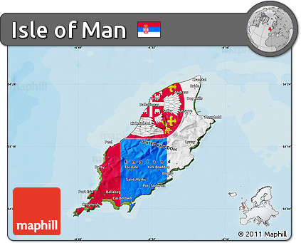 Flag Map of Isle of Man, satellite outside, bathymetry sea, flag aligned to the middle