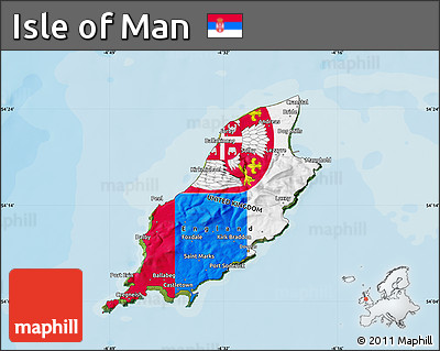 Flag Map of Isle of Man, satellite outside, bathymetry sea, flag aligned to the middle