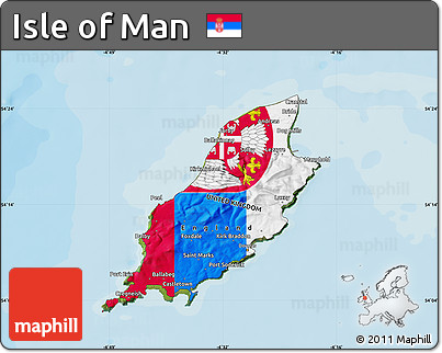 Flag Map of Isle of Man, satellite outside, bathymetry sea, flag aligned to the middle