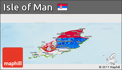 Flag Panoramic Map of Isle of Man, physical outside, flag centered