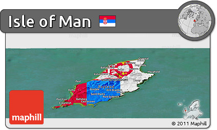 Flag Panoramic Map of Isle of Man, satellite outside, flag aligned to the middle