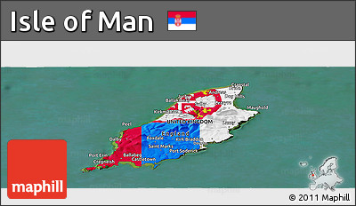 Flag Panoramic Map of Isle of Man, satellite outside, flag aligned to the middle