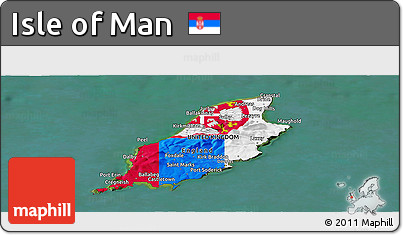 Flag Panoramic Map of Isle of Man, satellite outside, flag aligned to the middle