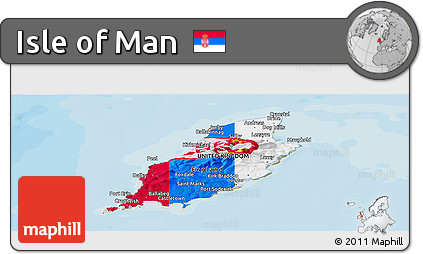 Flag Panoramic Map of Isle of Man, shaded relief outside, bathymetry sea, flag rotated