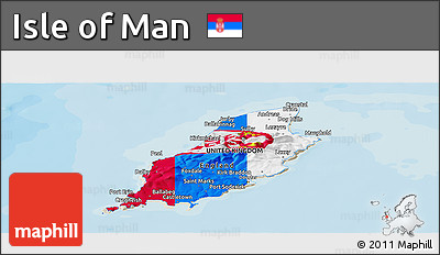 Flag Panoramic Map of Isle of Man, shaded relief outside, bathymetry sea, flag rotated