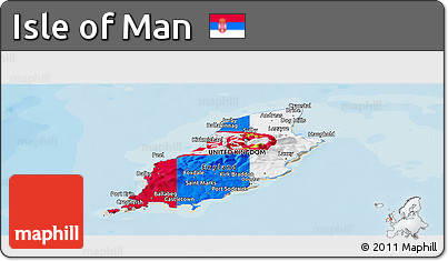 Flag Panoramic Map of Isle of Man, shaded relief outside, bathymetry sea, flag rotated