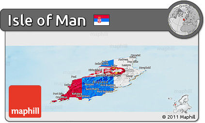 Flag Panoramic Map of Isle of Man, shaded relief outside, flag rotated