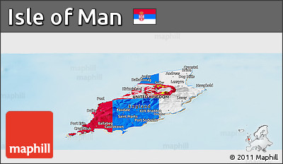 Flag Panoramic Map of Isle of Man, shaded relief outside, flag rotated