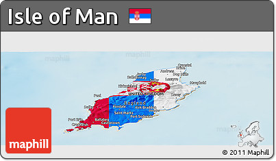 Flag Panoramic Map of Isle of Man, shaded relief outside, flag rotated