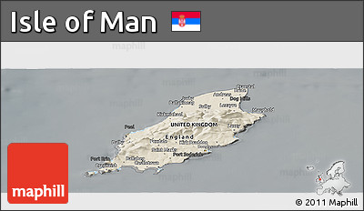 Shaded Relief Panoramic Map of Isle of Man, darken, semi-desaturated