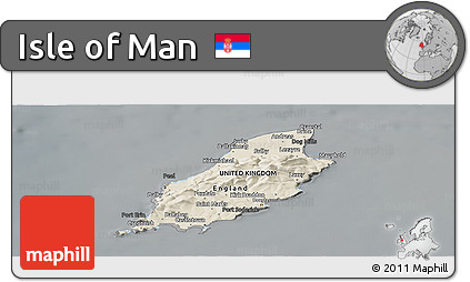 Shaded Relief Panoramic Map of Isle of Man, darken, semi-desaturated