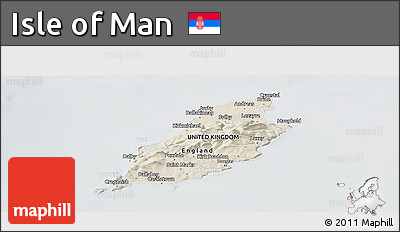 Shaded Relief Panoramic Map of Isle of Man, lighten, semi-desaturated
