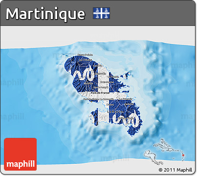 Flag 3D Map of Martinique, single color outside, bathymetry sea, shaded relief sea, flag rotated