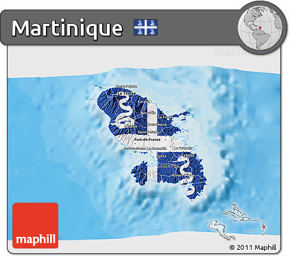 Flag 3D Map of Martinique, single color outside, bathymetry sea, shaded relief sea