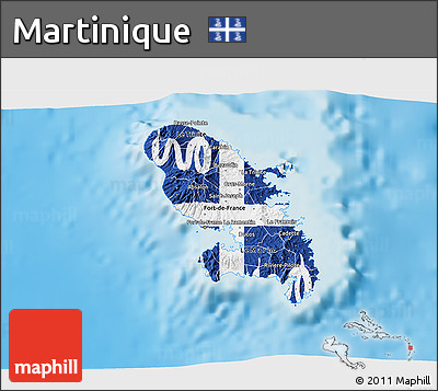 Flag 3D Map of Martinique, single color outside, shaded relief sea, flag aligned to the middle