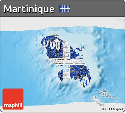 Flag 3D Map of Martinique, single color outside, shaded relief sea, flag aligned to the middle