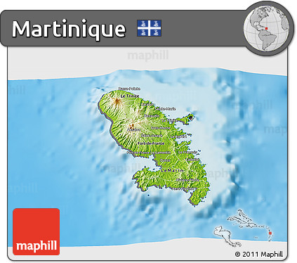 Physical 3D Map of Martinique, desaturated, land only