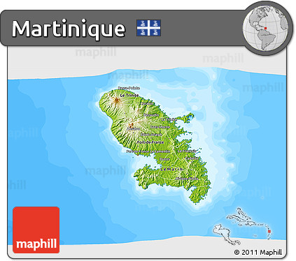Physical 3D Map of Martinique, single color outside, bathymetry sea