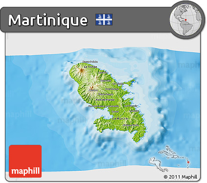 Physical 3D Map of Martinique, single color outside, bathymetry sea, shaded relief sea