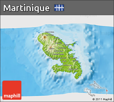Physical 3D Map of Martinique, single color outside, bathymetry sea, shaded relief sea