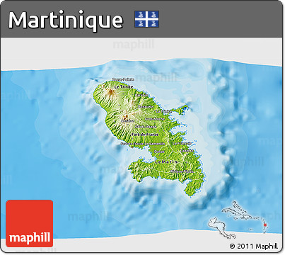 Physical 3D Map of Martinique, single color outside, bathymetry sea, shaded relief sea