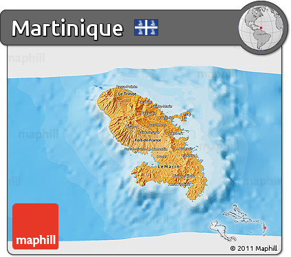 Political Shades 3D Map of Martinique, shaded relief outside, bathymetry sea