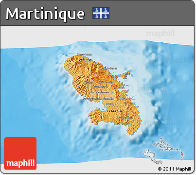 Political Shades 3D Map of Martinique, shaded relief outside, bathymetry sea