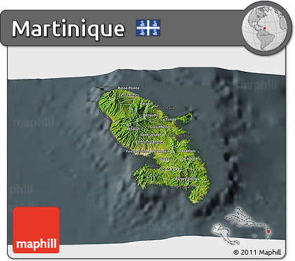 Satellite 3D Map of Martinique, darken, semi-desaturated
