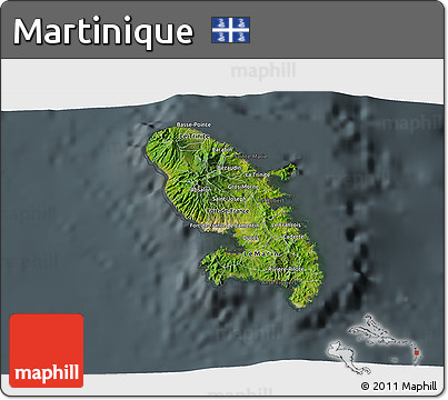 Satellite 3D Map of Martinique, darken, semi-desaturated
