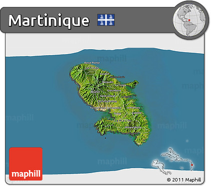 Satellite 3D Map of Martinique, darken, semi-desaturated, land only