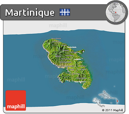 Satellite 3D Map of Martinique, lighten, desaturated, land only