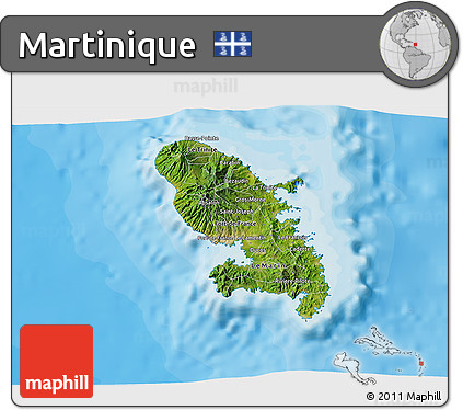 Satellite 3D Map of Martinique, single color outside, bathymetry sea, shaded relief sea