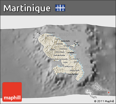 Shaded Relief 3D Map of Martinique, darken, desaturated