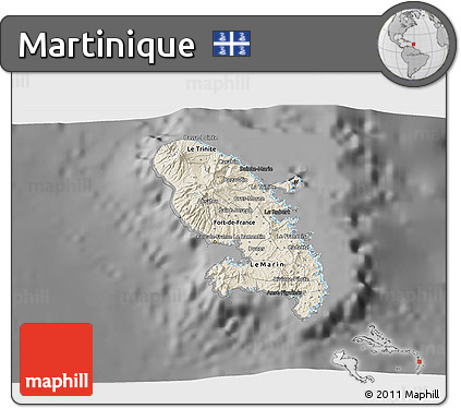 Shaded Relief 3D Map of Martinique, darken, desaturated