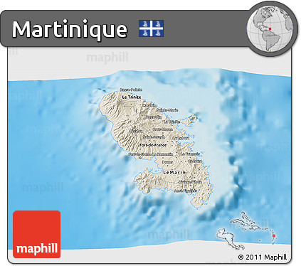 Shaded Relief 3D Map of Martinique, semi-desaturated, land only