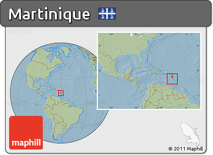 Savanna Style Location Map of Martinique, within the entire continent, hill shading