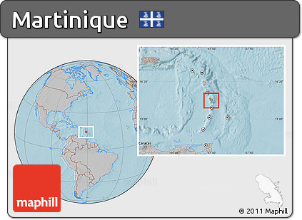 Savanna Style Location Map of Martinique, gray outside, hill shading outside