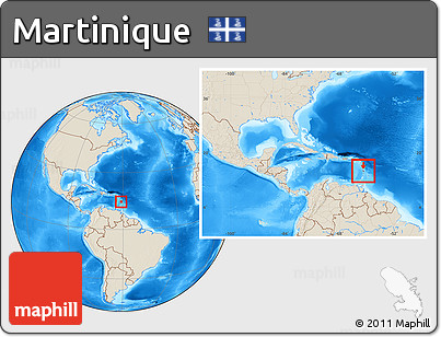 Shaded Relief Location Map of Martinique, within the entire continent