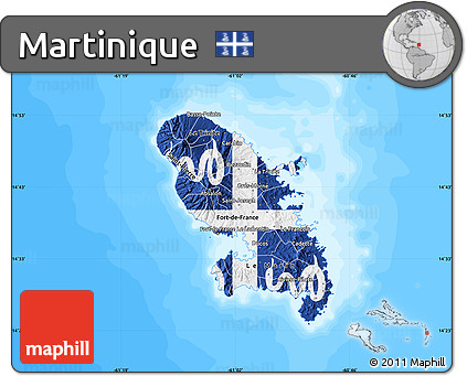 Flag Map of Martinique, single color outside, bathymetry sea, flag rotated