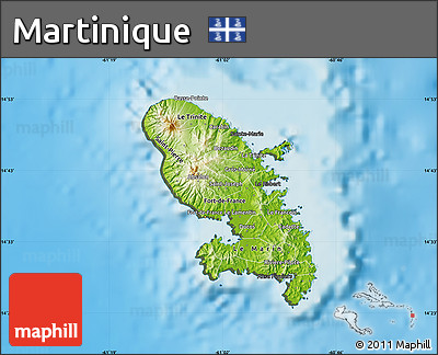Physical Map of Martinique, darken, semi-desaturated, land only