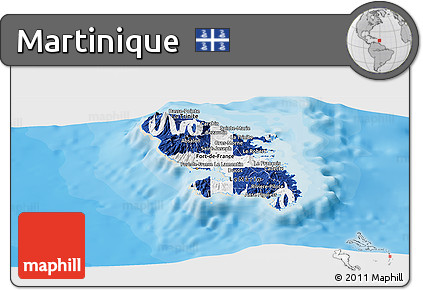 Flag Panoramic Map of Martinique, shaded relief outside, bathymetry sea, flag aligned to the middle