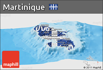 Flag Panoramic Map of Martinique, shaded relief outside, bathymetry sea, flag aligned to the middle