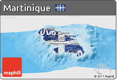 Flag Panoramic Map of Martinique, shaded relief outside, bathymetry sea, flag aligned to the middle