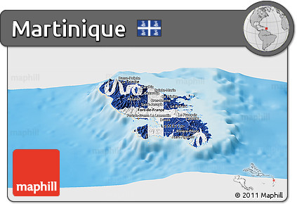 Flag Panoramic Map of Martinique, shaded relief outside, flag aligned to the middle
