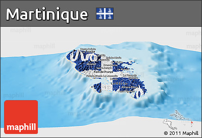Flag Panoramic Map of Martinique, shaded relief outside, flag aligned to the middle