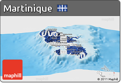 Flag Panoramic Map of Martinique, shaded relief outside, flag aligned to the middle