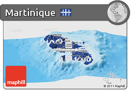 Flag Panoramic Map of Martinique, single color outside, bathymetry sea, shaded relief sea, flag rotated