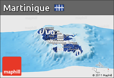 Flag Panoramic Map of Martinique, single color outside, shaded relief sea, flag aligned to the middle
