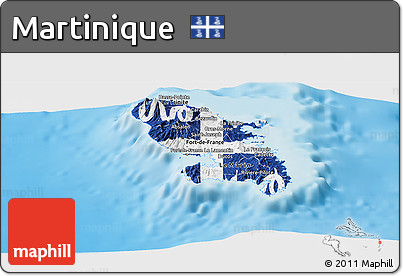 Flag Panoramic Map of Martinique, single color outside, shaded relief sea, flag aligned to the middle